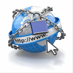 Internet security comcept. Earth and lock on white isolated background. 3d